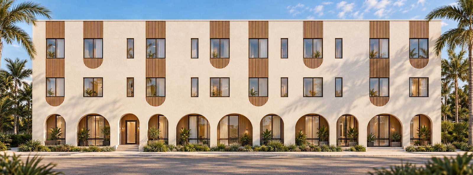 Rendering of 612 13th Ave West, a three story residential building with arched ground floor openings in Bradenton, Florida