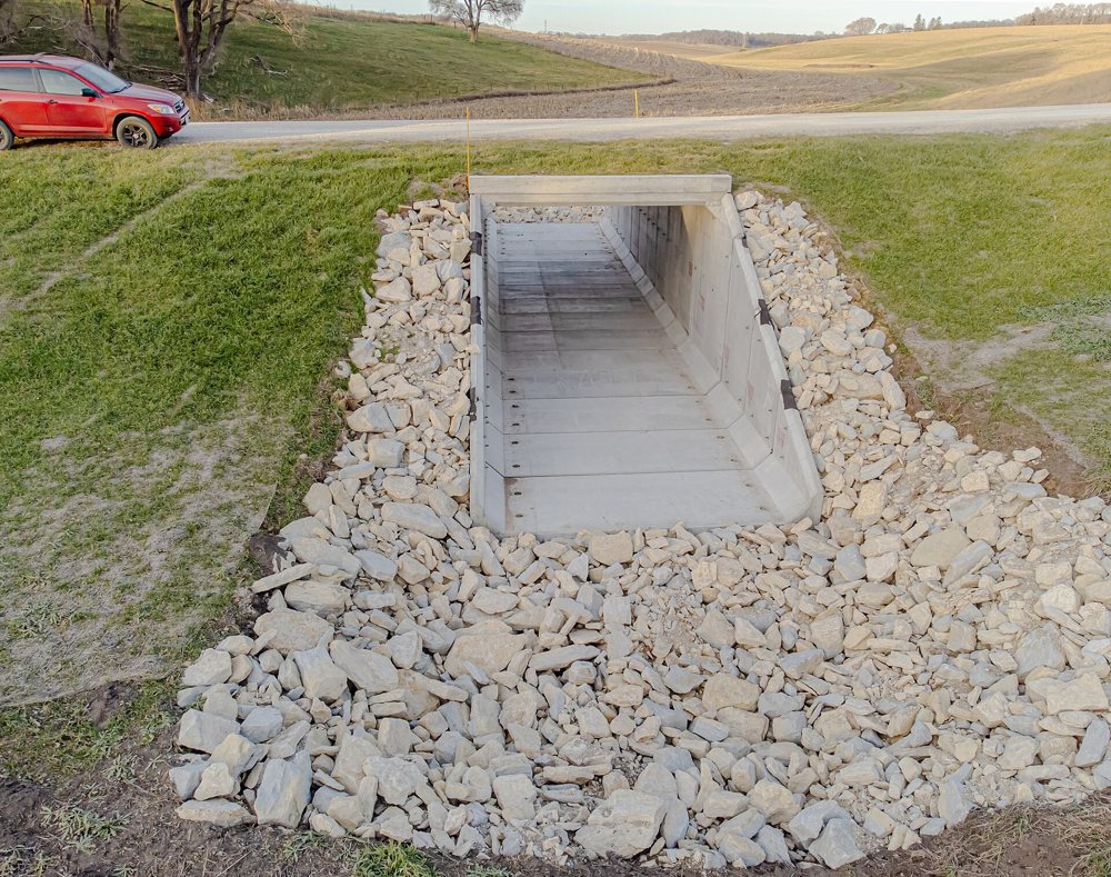 Large precast concrete storm box culvert sections on a public infrastructure site